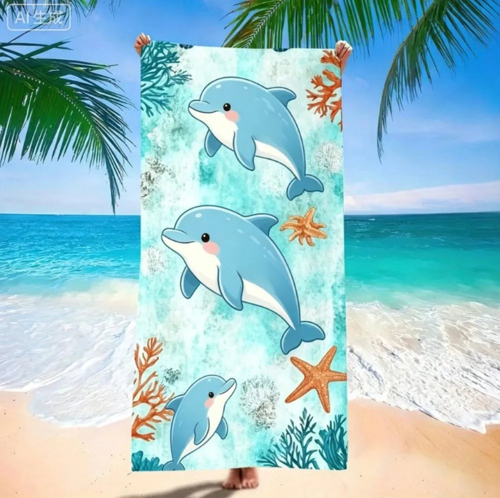 serviette plage microfibre motif marin tortues dauphins poissons illustration animale bleu clair vert orange