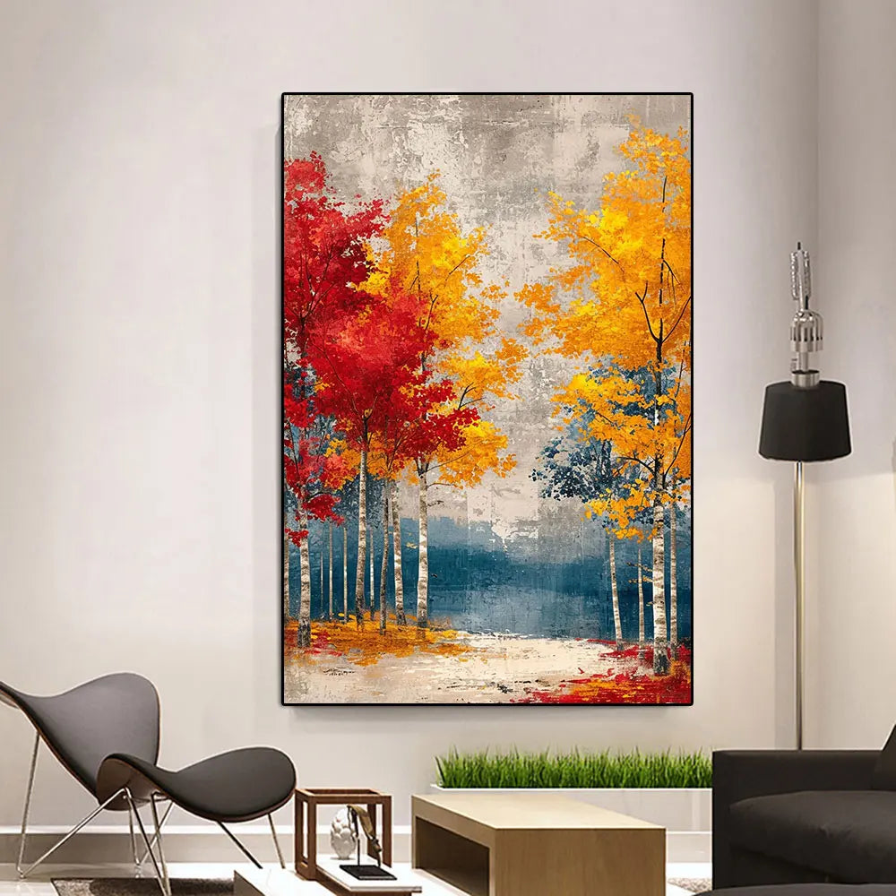 toile peinte abstraite arbres feuilles colorées moderne salon chambre impression haute qualité digital