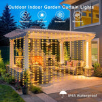 guirlande lumineuse solaire jaune rideau blanc extérieur decoration pergola arbres fleurs
