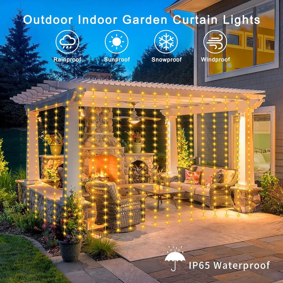 guirlande lumineuse solaire jaune rideau blanc extérieur decoration pergola arbres fleurs