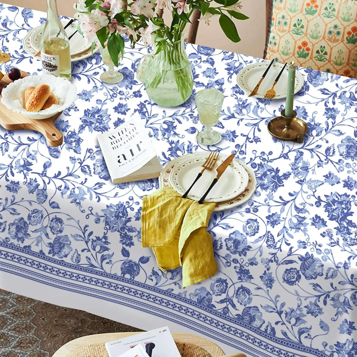 nappe fleurs bleues classique réutilisable polyester rectangle blanc table manger decoration hiver fêtes
