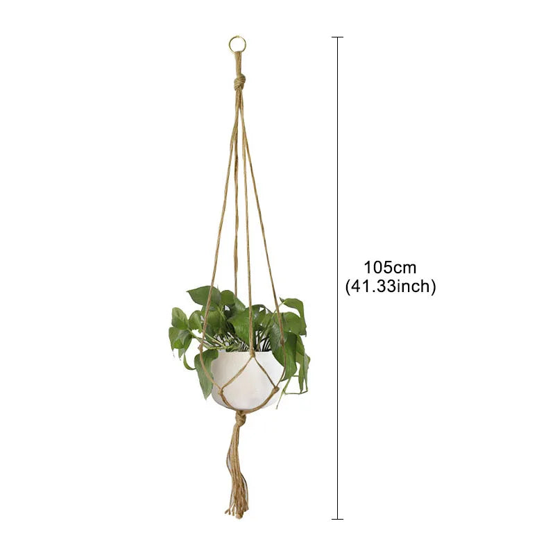 Support plante suspendue macramé boho rotin blanc orange anneaux métalliques