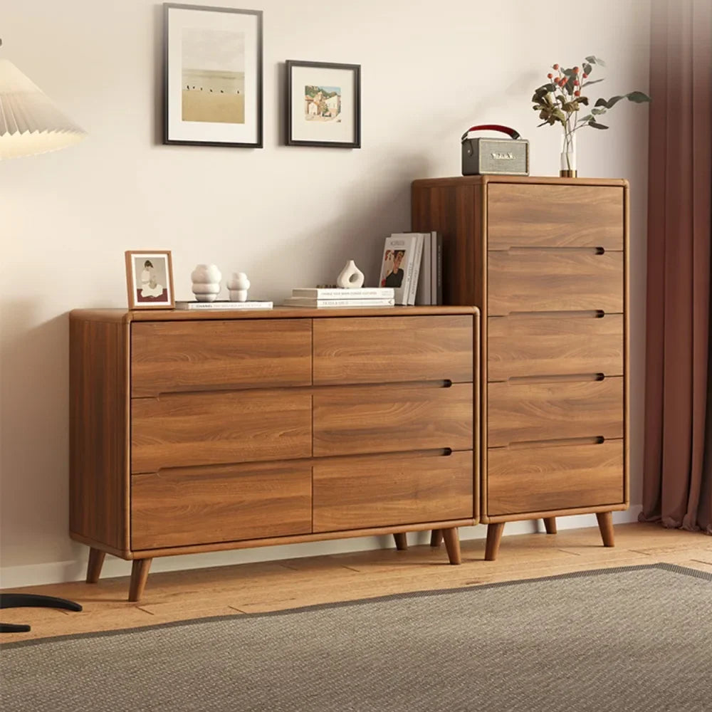 commode chêne foncé tiroirs modernes pieds bois poignées noires chambre salon