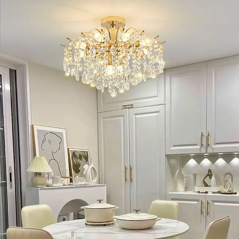 chandelier moderne crystal or led lumiere salle blanche bleue élégante