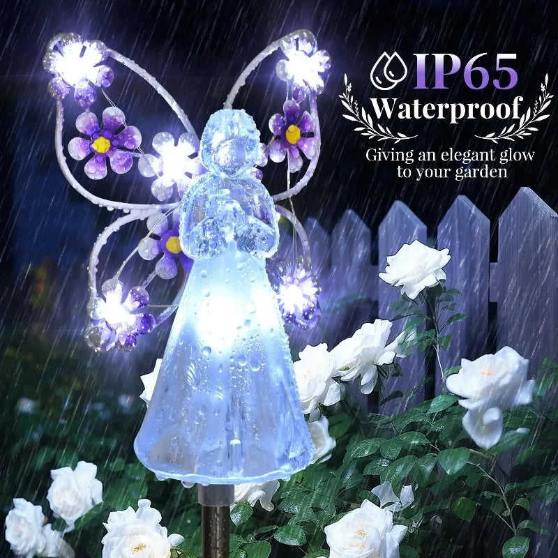 lampe solaire ange transparent fleurs violettes modernes ailes semi transparentes clips jardin élégant