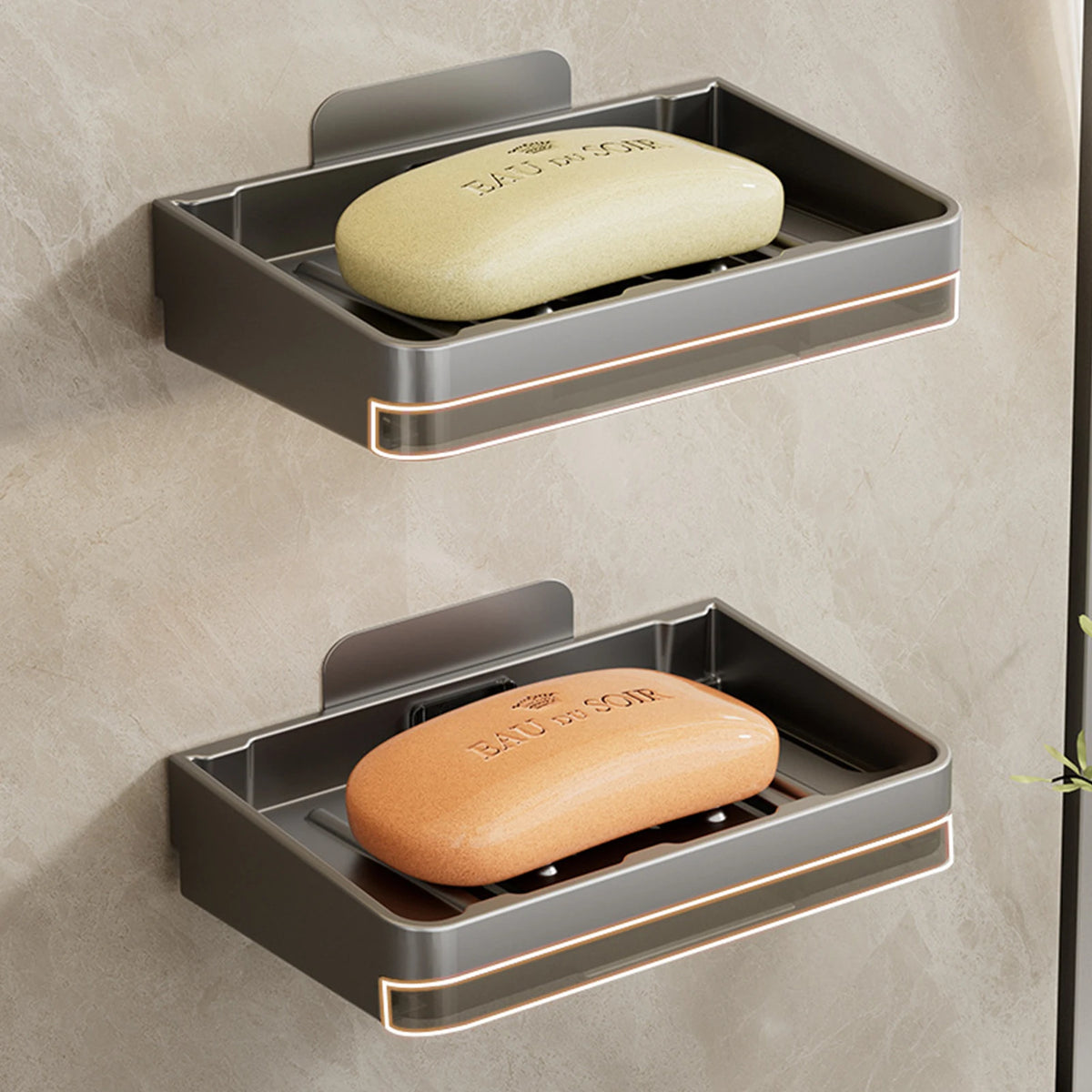 porte savon mural gris métallisé moderne adhésif lisse brillant salle bain rangement minimaliste accessoire
