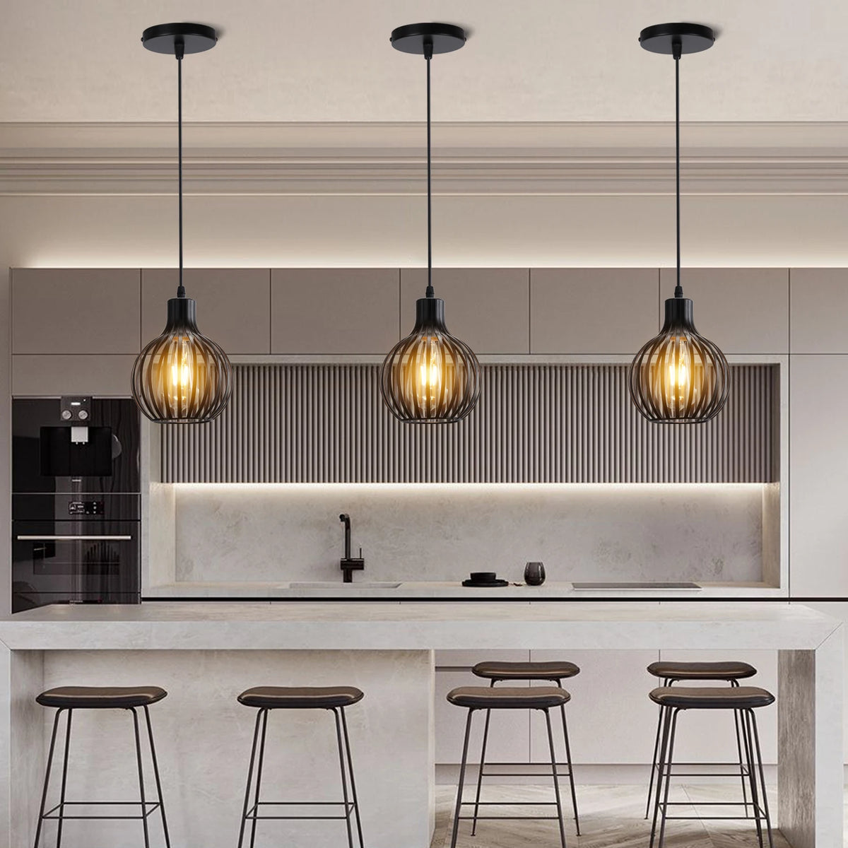 Suspension lumineuse industrielle moderne métal noir blanc abat jour rond grillagé