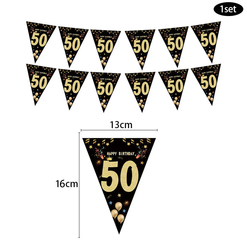 fanions anniversaire 30 40 50 60 ans noir doré confettis happy birthday festifs