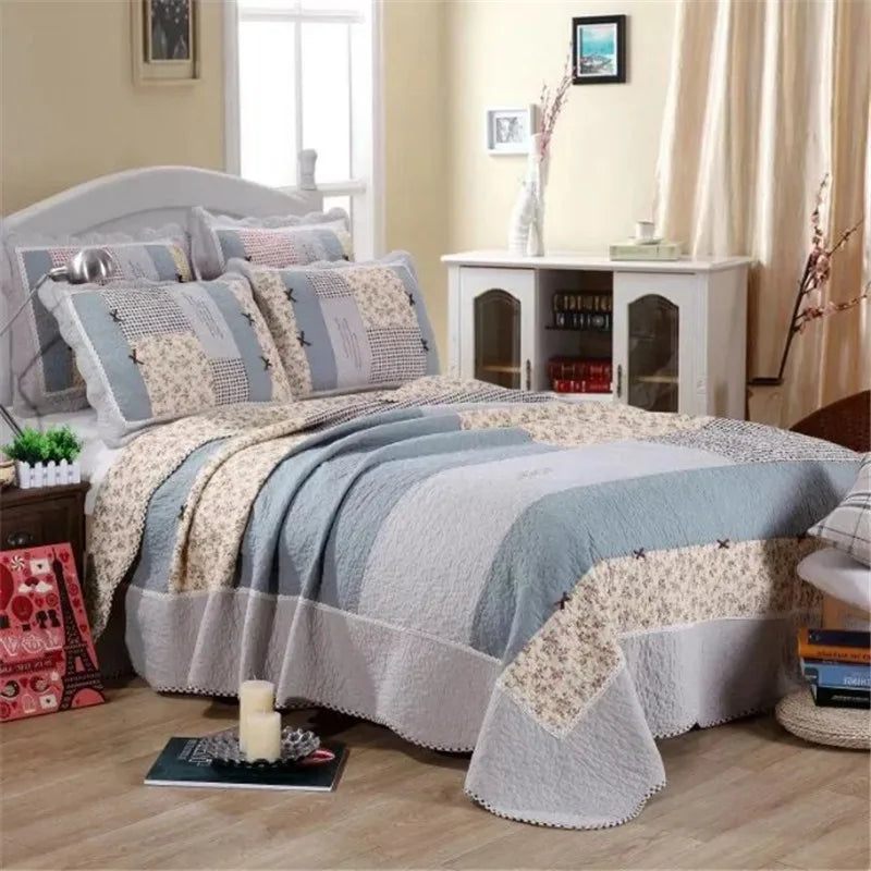 couvre lit patchwork coton floral vert beige rose matelassé maison hiverversible machine laver