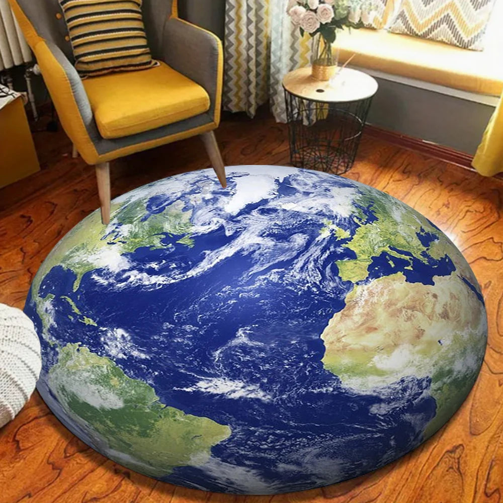 tapis rond moderne cartographie monde motif floral géométrique bleu vert blanc noir antidérapantintérieurextérieur