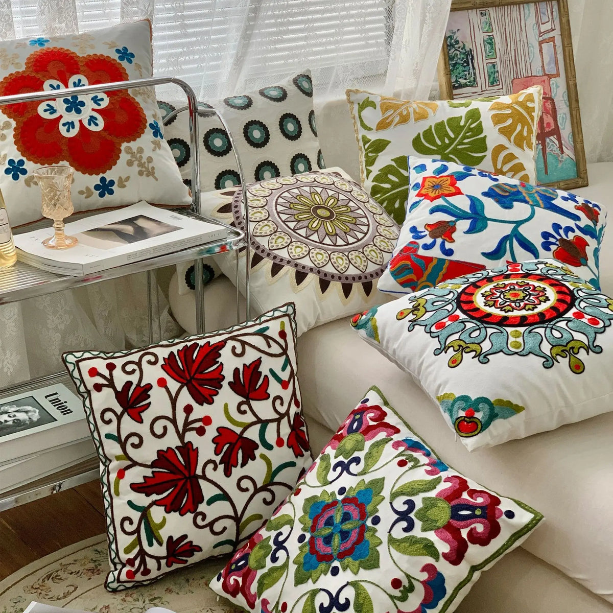 taies d'oreiller coton polyester ethnique floral brodées couleurs vives motifs géométriques coussins deco 45x45cm