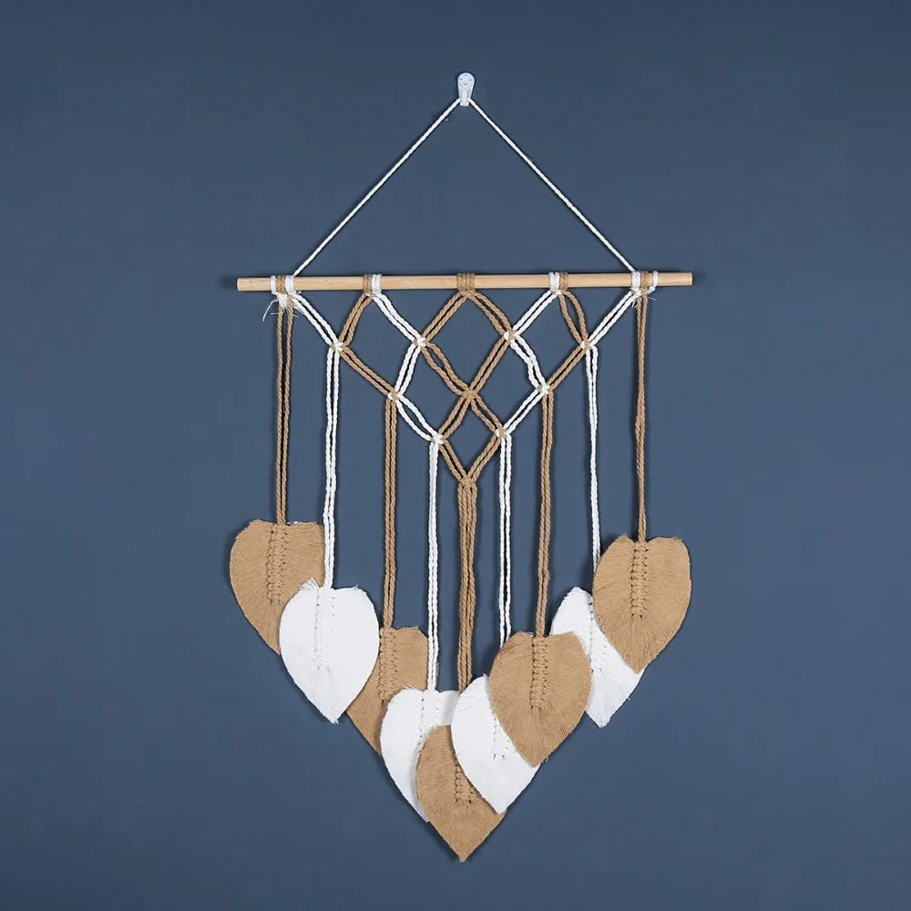 tapisserie boho chic macramé franges coeurs orange blanc bleu vert marron clair coton mur