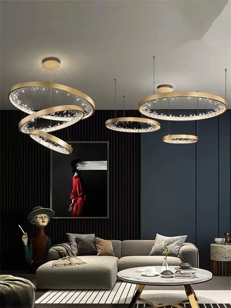 suspension lumineuse moderne or noir strass circulaire chambre salon led