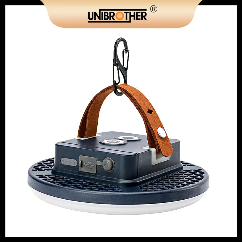 lampe camping rechargeable led bleu marron texture cuir moderne clips indicateur batterie