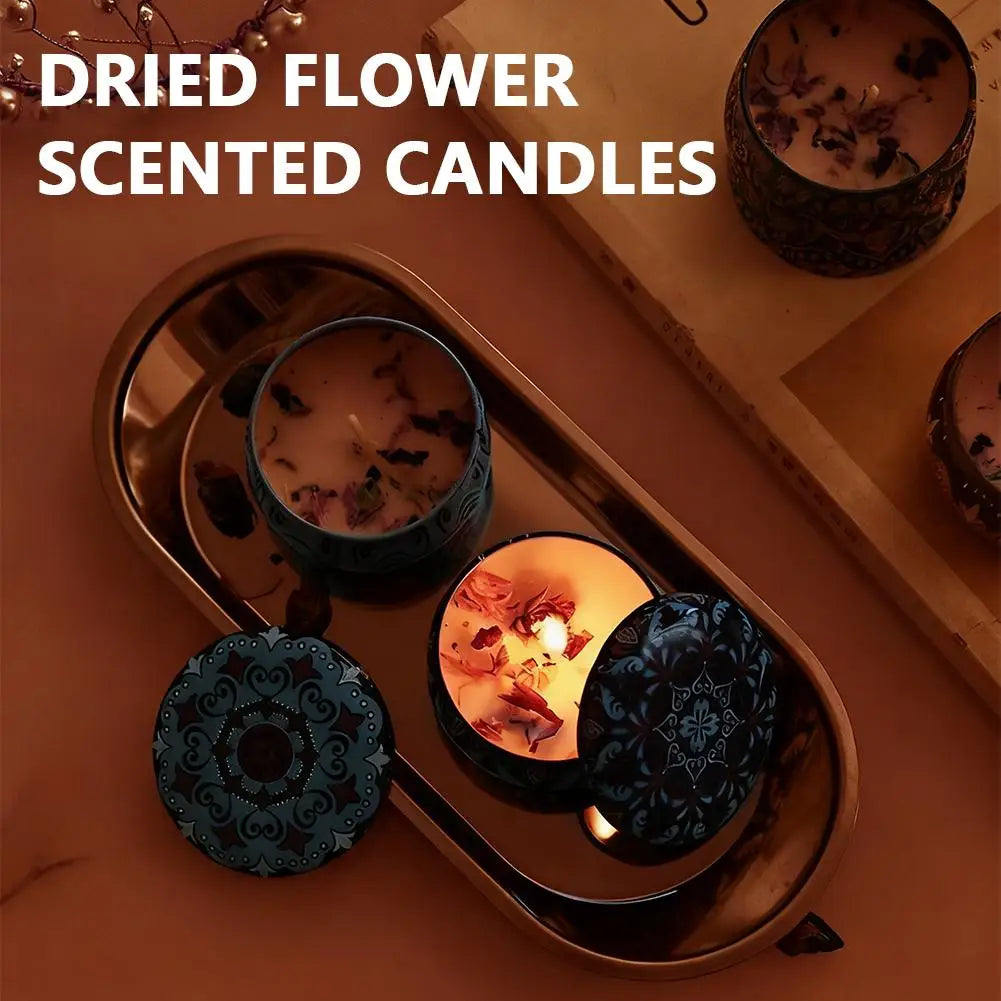 bougies parfumées fleurs séchées rouge bleu rose multicolore motifs floraux mandala ethnique boho chic