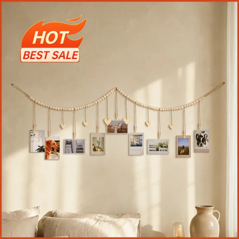 décoration murale boho guirlande coeurs bois photos clips chambre rustique moderne