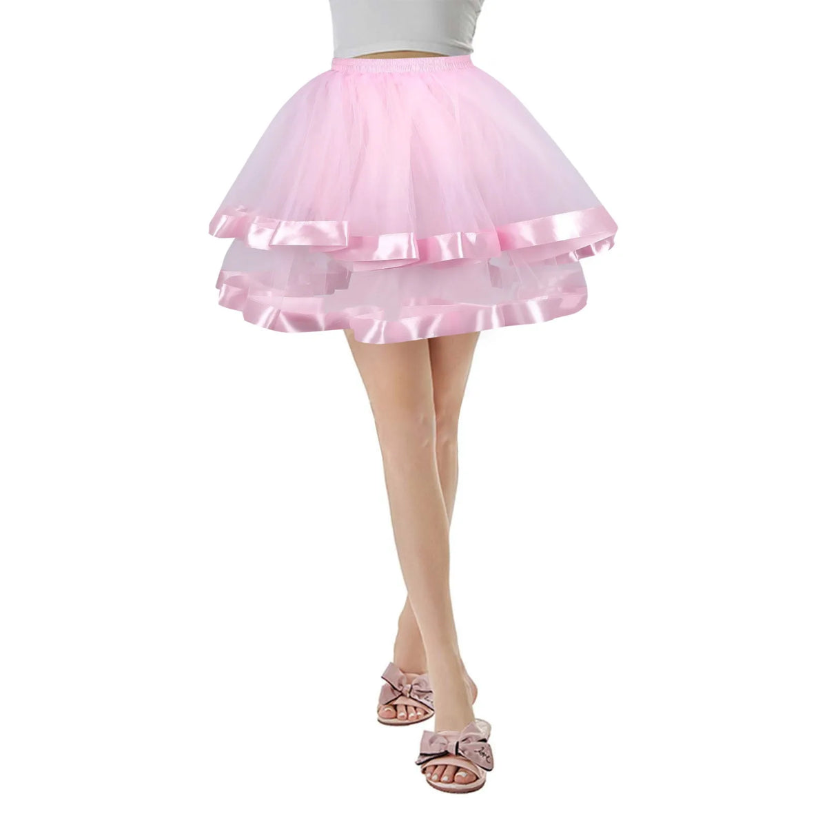 Jupe tutu tulle brodée rubans satinés vintage rose bleu vert rouge marron