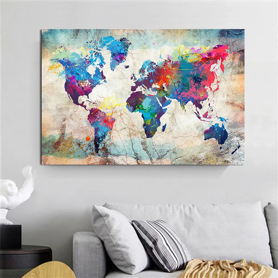décoration murale moderne toile carte monde abstraite colorée vintagerollable tube