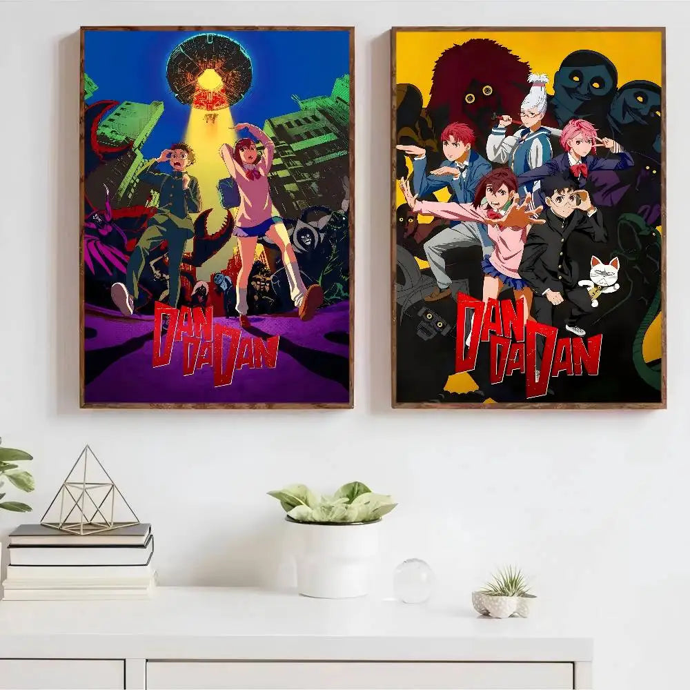 affiche anime personnages ville futuriste cadre bois bleu violet rouge moderne pop artDecorationMuriale