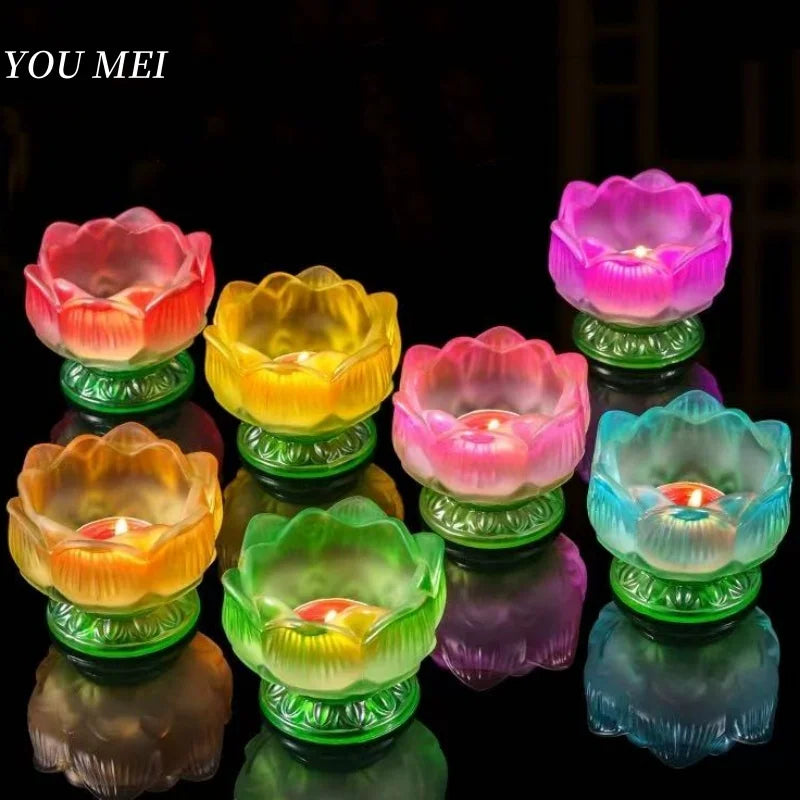 bougeoir artisanal fleur lotus sculptée bougie rouge couleur rose jaune vert bleu