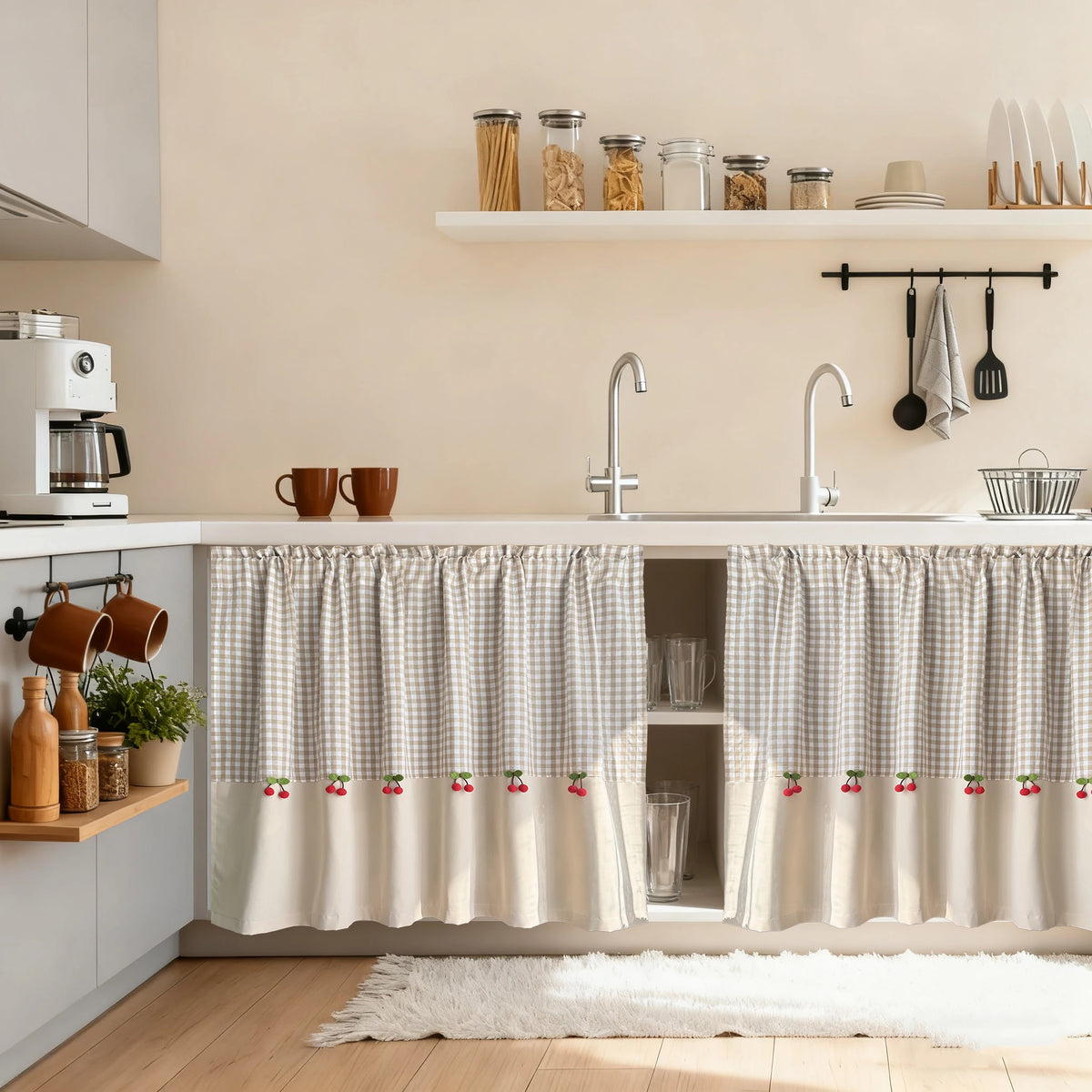 rideau fenêtre maison plaid carreaux cerises beige blanc opacité vintage rustique