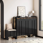 meuble entrée moderne noir panneaux verticaux lisses rangement tabouret coussin plaques mesure