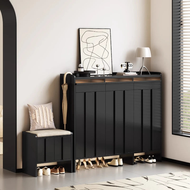 meuble entrée moderne noir panneaux verticaux lisses rangement tabouret coussin plaques mesure