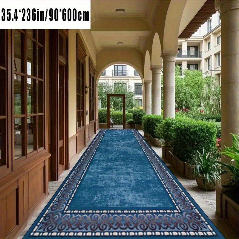 tapis bleu marine velouté motif géométrique salon couloir cuisine résistant intérieur classique vintage