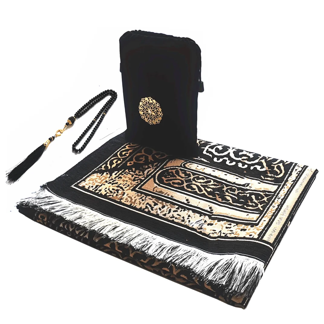 tapis prière musulman noir ornements géométriques lavable main machine tapis traditionnel franges sac rangement
