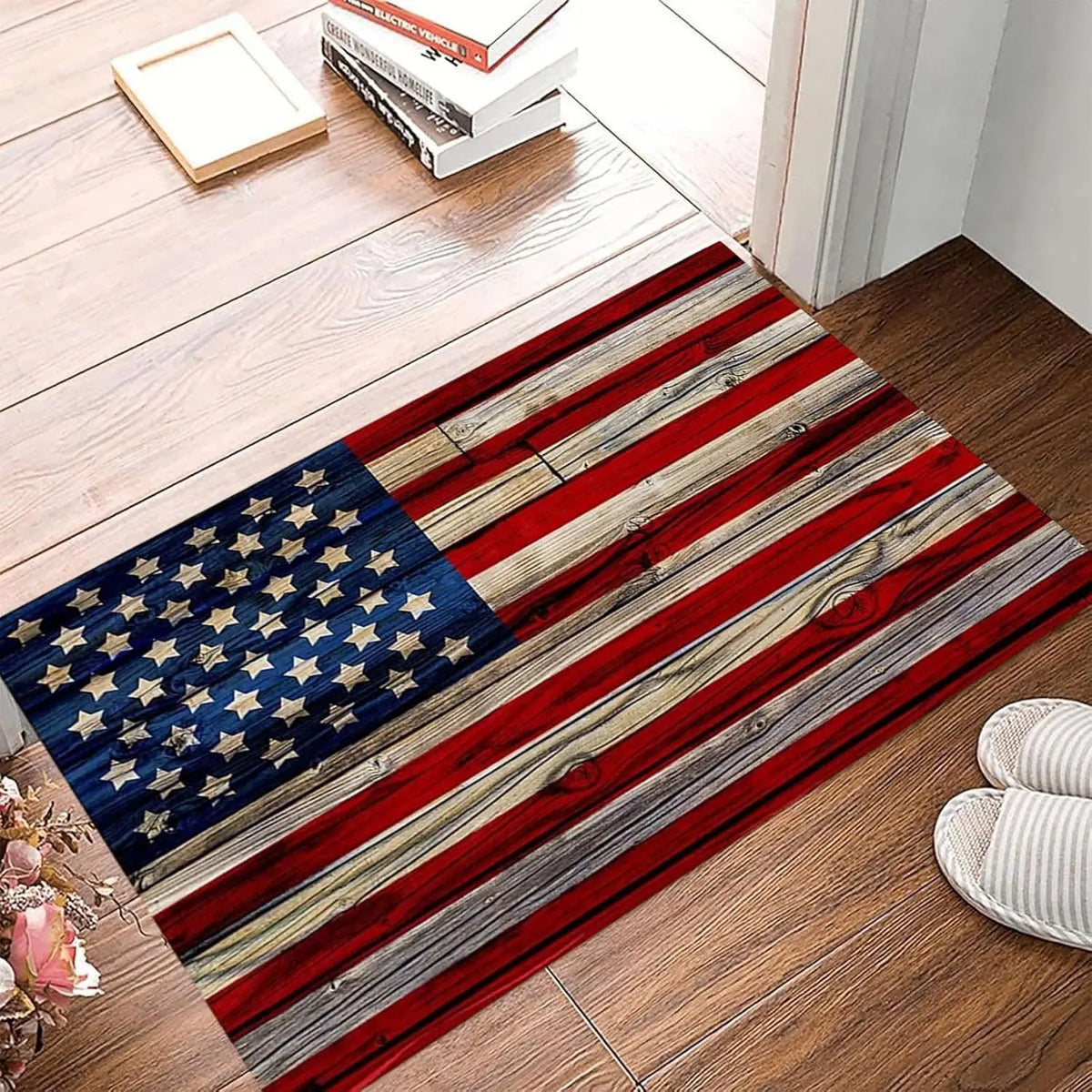 tapis sol antidérapant drapeau américain rayures bois étoiles dorées bleu marine rouge vintage