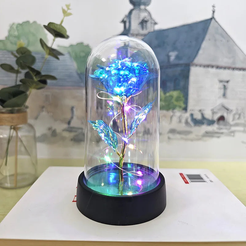 rose artificielle verre transparent led bleu doré décoration intérieure anniversaire saint valentin préparation mariage