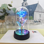 rose artificielle verre transparent led bleu doré décoration intérieure anniversaire saint valentin préparation mariage