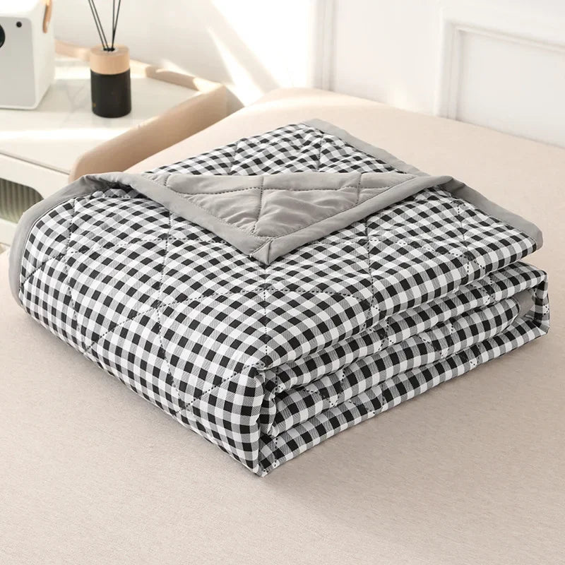 couette d'été carreaux bleu gris couverture fine polyestère moderne maison adultes