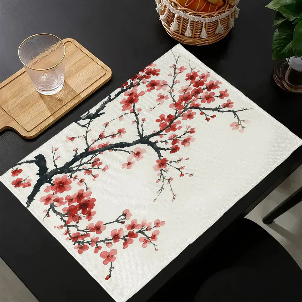 serviettes table art japonais fleurs cerisier blanc rouge noires traditionnelles classiques respectueuses environnement lin