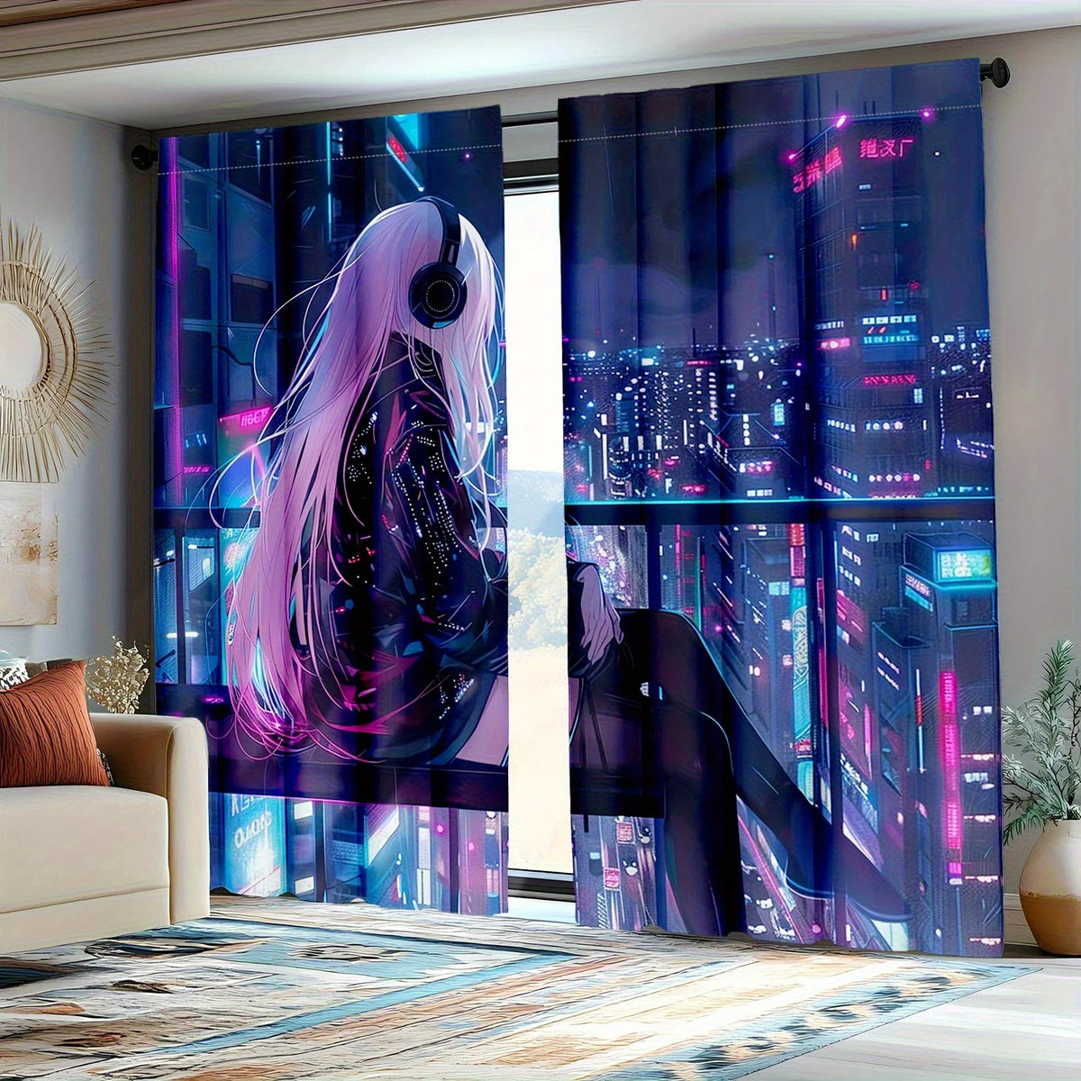 rideaux anime futuriste deux panneaux impression graphique jeunes femme ville neon chambre moderne polyester