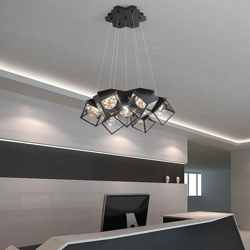 lampe suspendue moderne cubiques géométriques noir blanc chaînes interrupteur tactile chambre salon