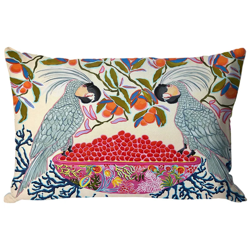 coussin rectangulaire motif animal multicolore oiseaux fruits décor maison lit canapé voiture jacinthe opacité