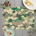 tapis table art japonais traditionnel fleurs motifs géométriques bleu vert rouge beige