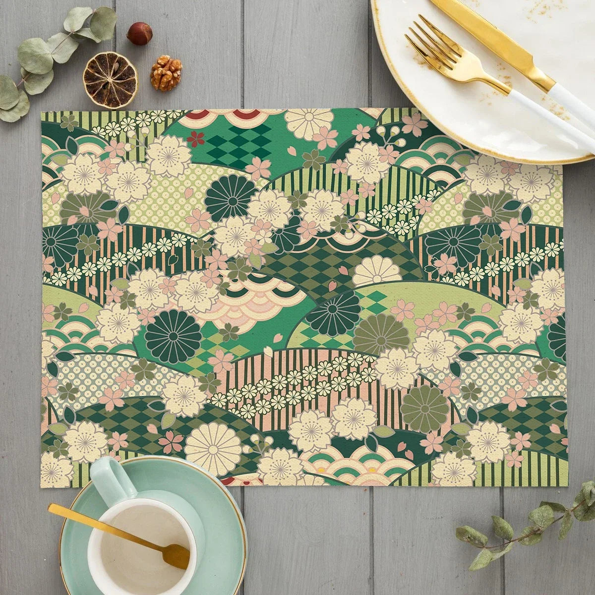 tapis table art japonais traditionnel fleurs motifs géométriques bleu vert rouge beige