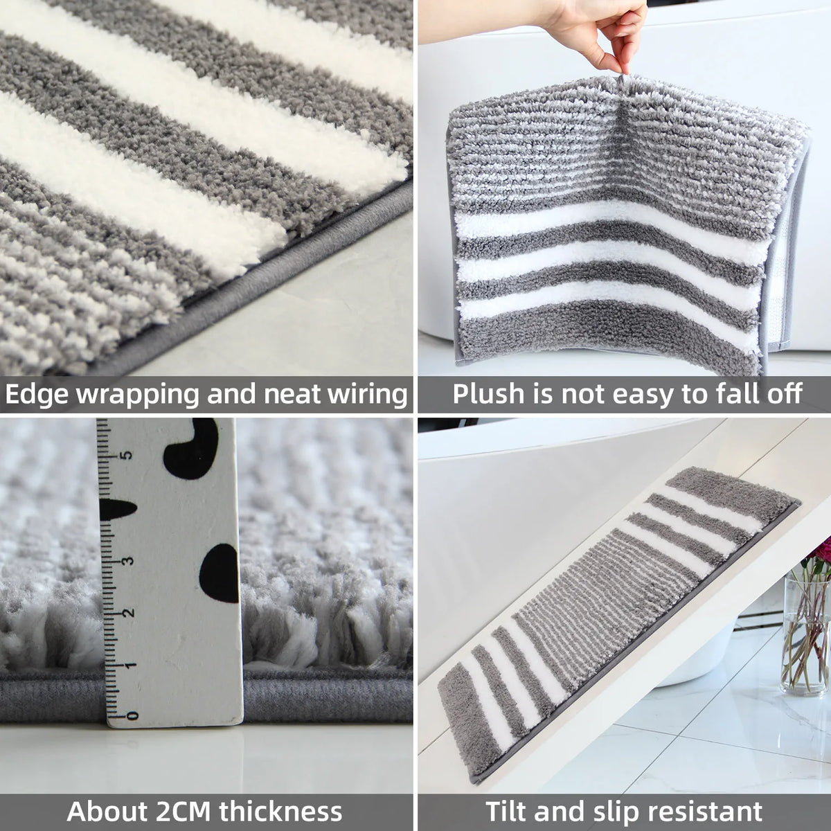 tapis bain moderne rayé gris blanc marron clair respectueux environnement salle bain