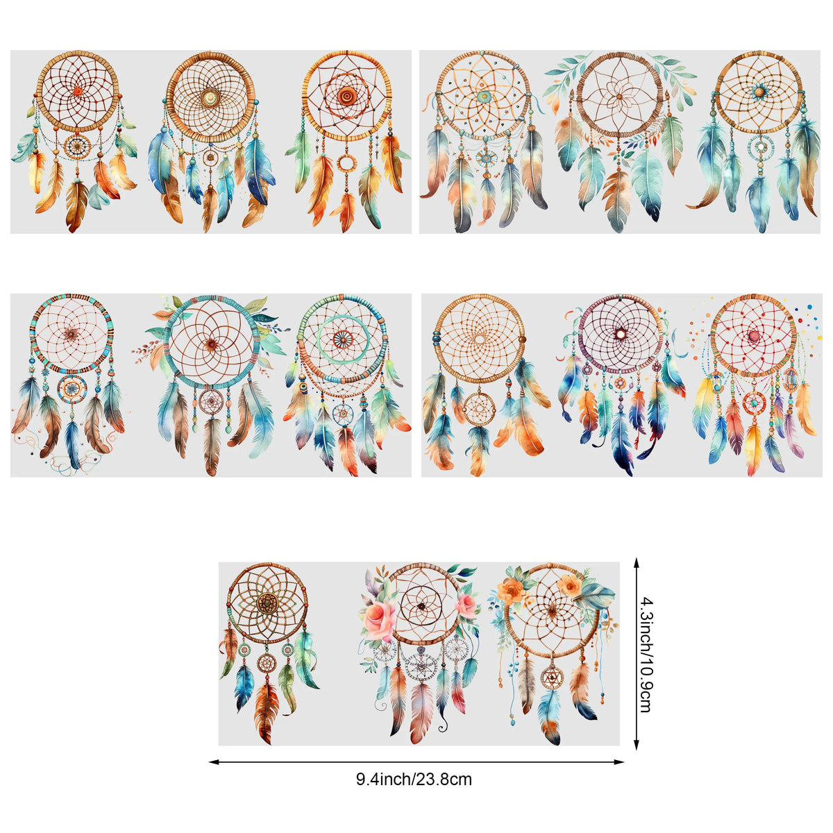 stickers adhésifs dreamcatchers fleurs plumes bohème aquarelle transparents bouteilles bois pack pièces