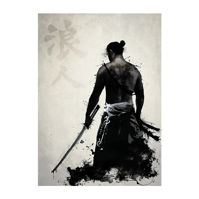 toile d'art samouraï noir blanc contemporain clips décoration intérieure affiche photo murale sans cadre