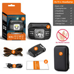 lampe frontale rechargeable led mini haute puissance noir orange rayures horizontales moderne fonctionnel ceinture