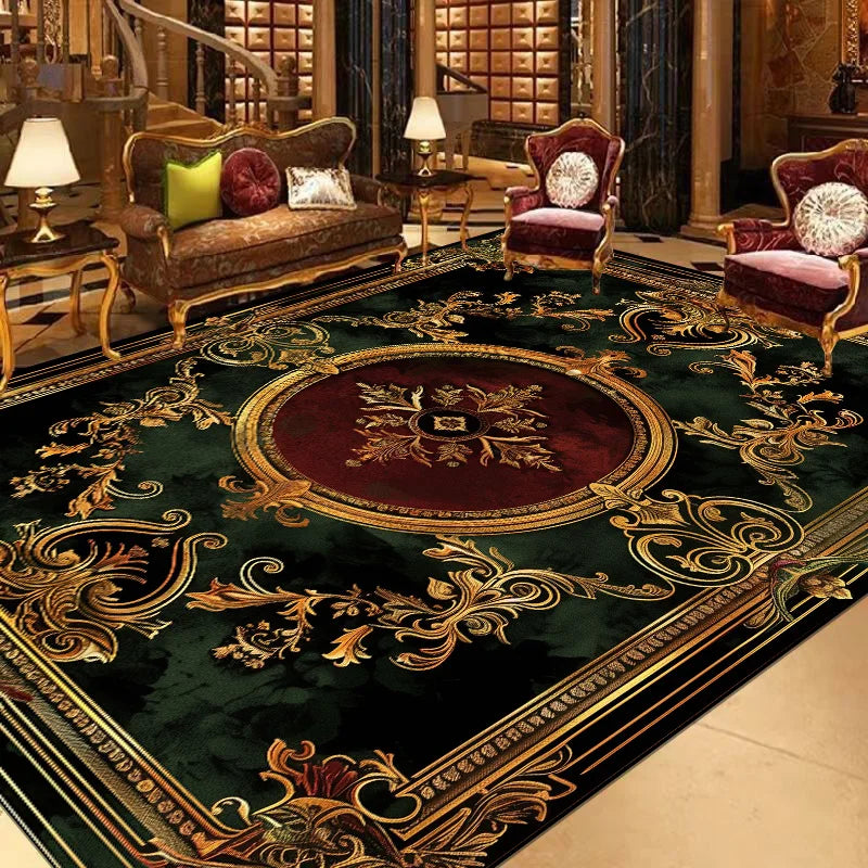 Un salon de style baroque avec un tapis richement décoré de motifs floraux dorés et un mobilier de luxe.