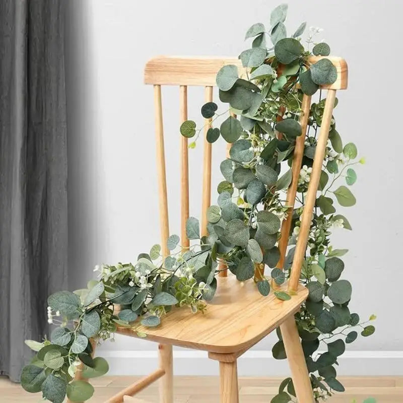 guirlande feuilles eucalyptus vertes fleurs blanches decoration exterieur naturelle rustique 180cm impermeable reutilisable