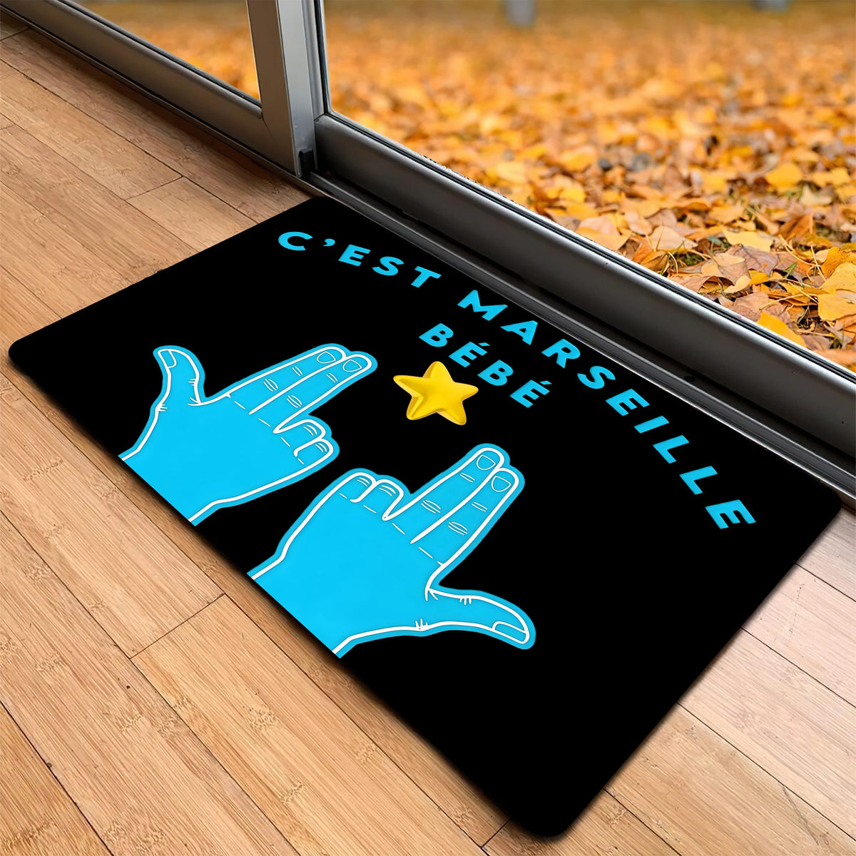 tapis graphique pop art bleu noir main étoile anti dérapant résistant extérieur intérieur porte