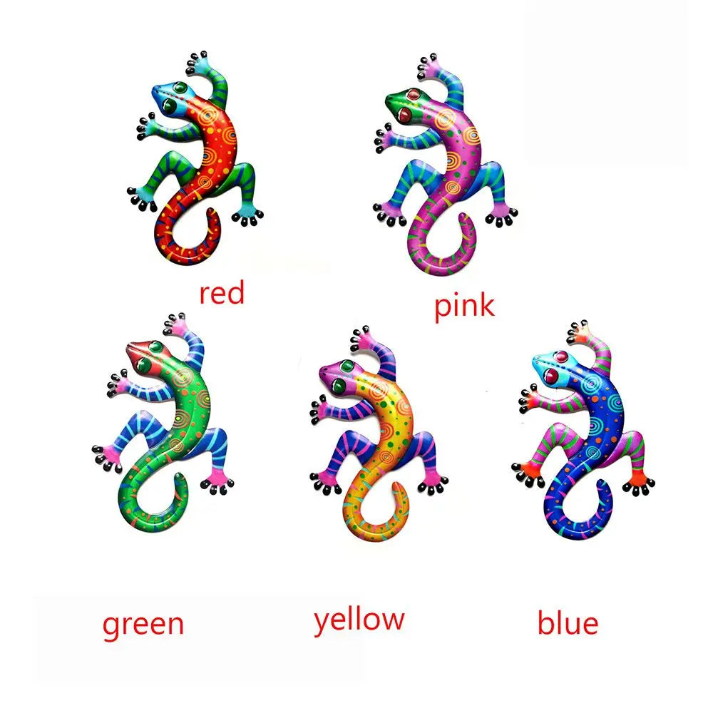 figurine lézard rouge rose vert jaune bleu artisanal métal décoration murale extérieure jardin