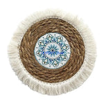 assiettes paille naturel beige vert clair tissage traditionnel franges blanches rustique boho chic