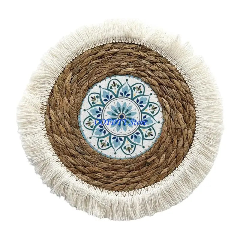 assiettes paille naturel beige vert clair tissage traditionnel franges blanches rustique boho chic