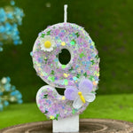 bougies numérales pailletées fleurs reliefs adhésives anniversaire enfant violet blanc vert bleu doré